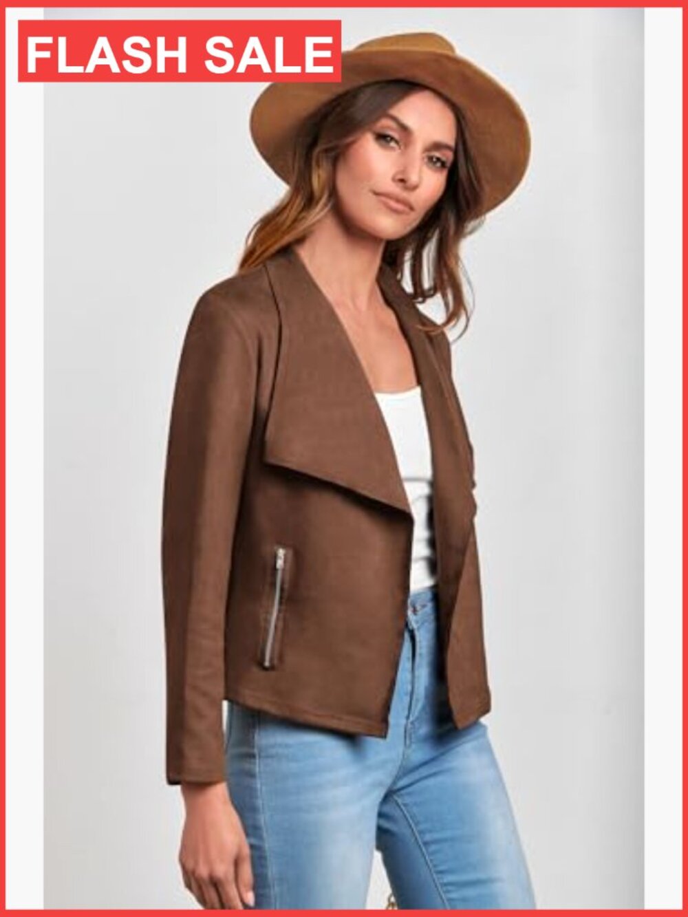Faux Suede Cropped Jacket Waterfall Collar Long Sleeve Open Front Casual Outwear - Picture 3 of 7